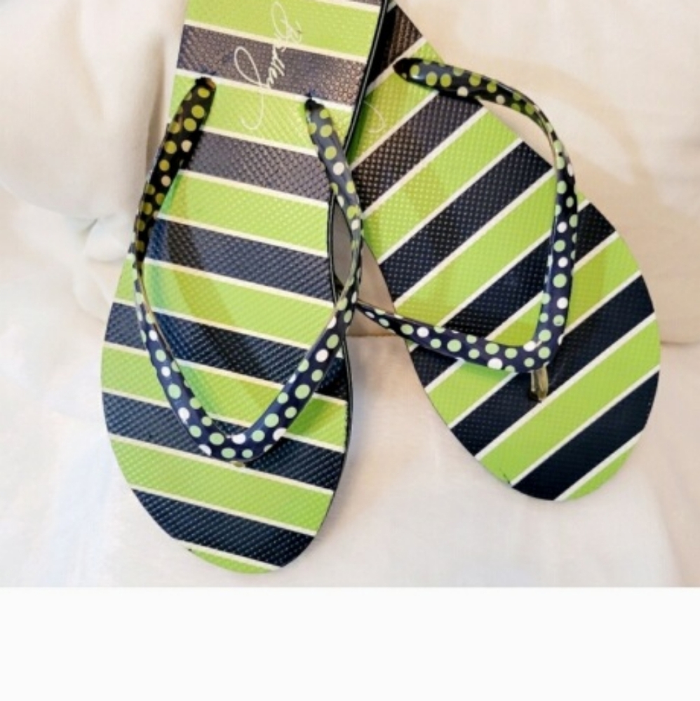 Vera Bradley Women's Thong Flip-flops Striped Green and Blue Beachwear  LG 9-10